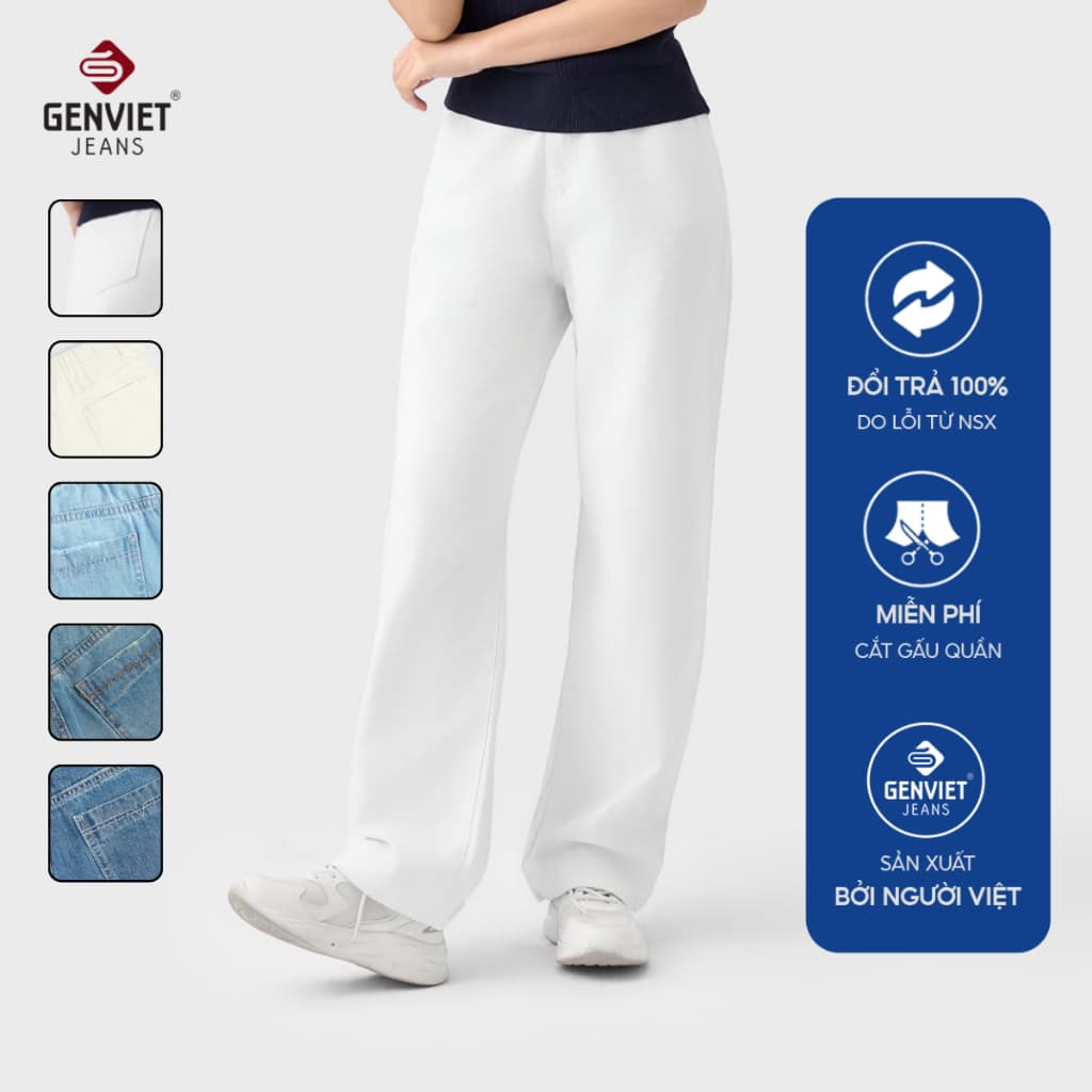 Quần jean nữ dáng suông basic GENVIET JEANS cạp chun sau thoải mái vải denim cao cấp tôn dáng công sở 8950