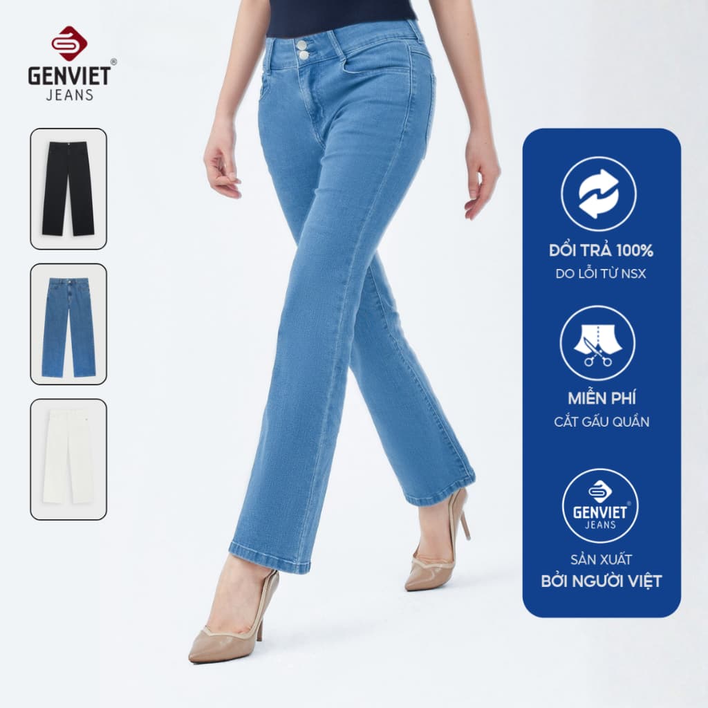 Quần bò nữ ống loe cạp cao GENVIET JEANS vải denim form ôm, chất co giãn 8783