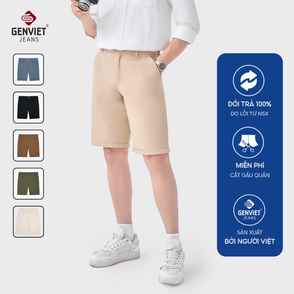 Quần đùi nam kaki GENVIET JEANS dáng ống đứng màu trơn co giãn nhẹ đứng form thoải mái basic dễ phối đồ 8975