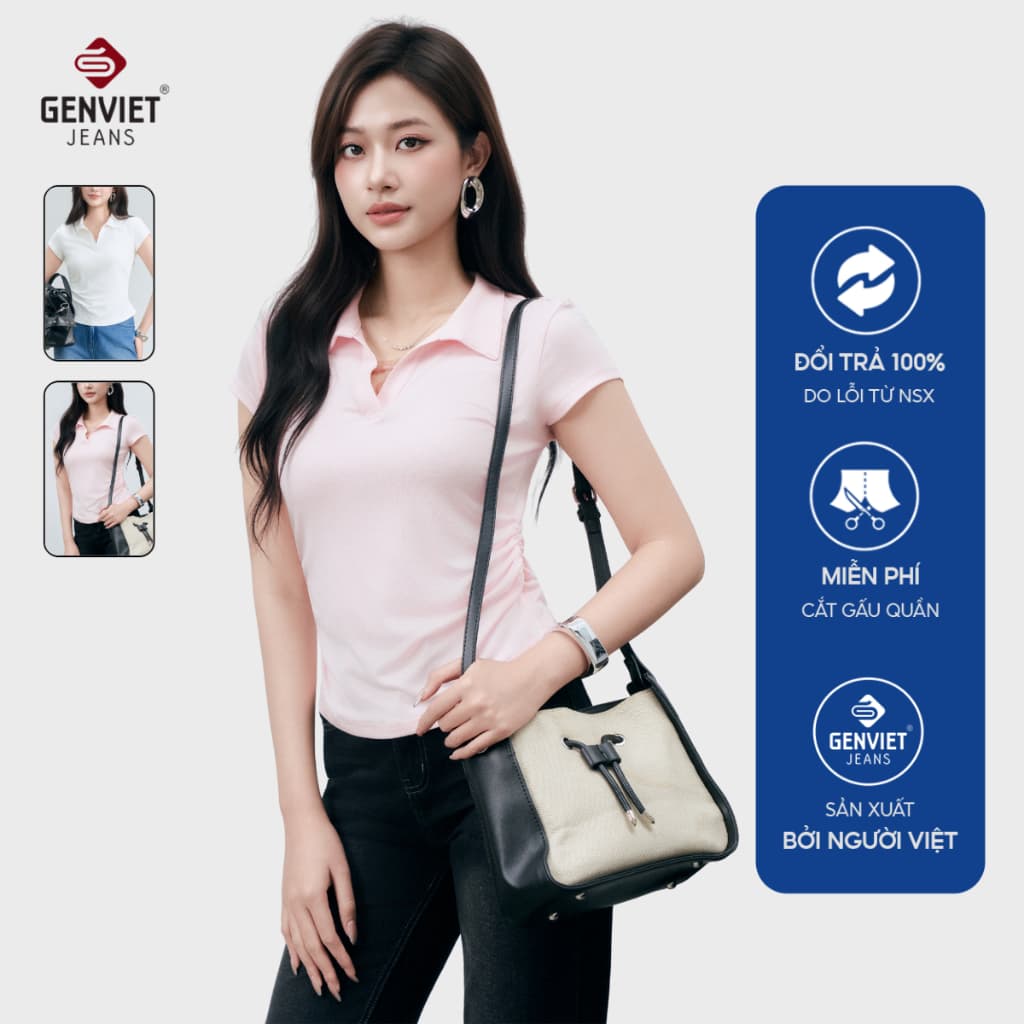 Áo thun polo nữ slimfit GENVIET JEANS cổ v cộc tay baby tee ôm vừa phải cotton thoáng mát không bai nhão 9084