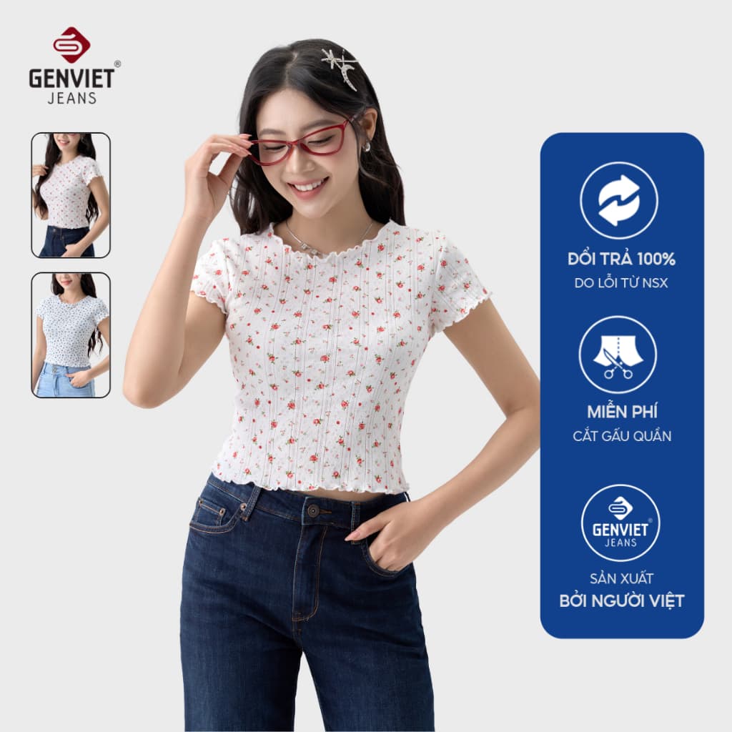 Áo thun nữ hoa nhí cộc tay slimfit GENVIET JEANS vải cotton co giãn thoáng mát cổ tròn tôn dáng 9081