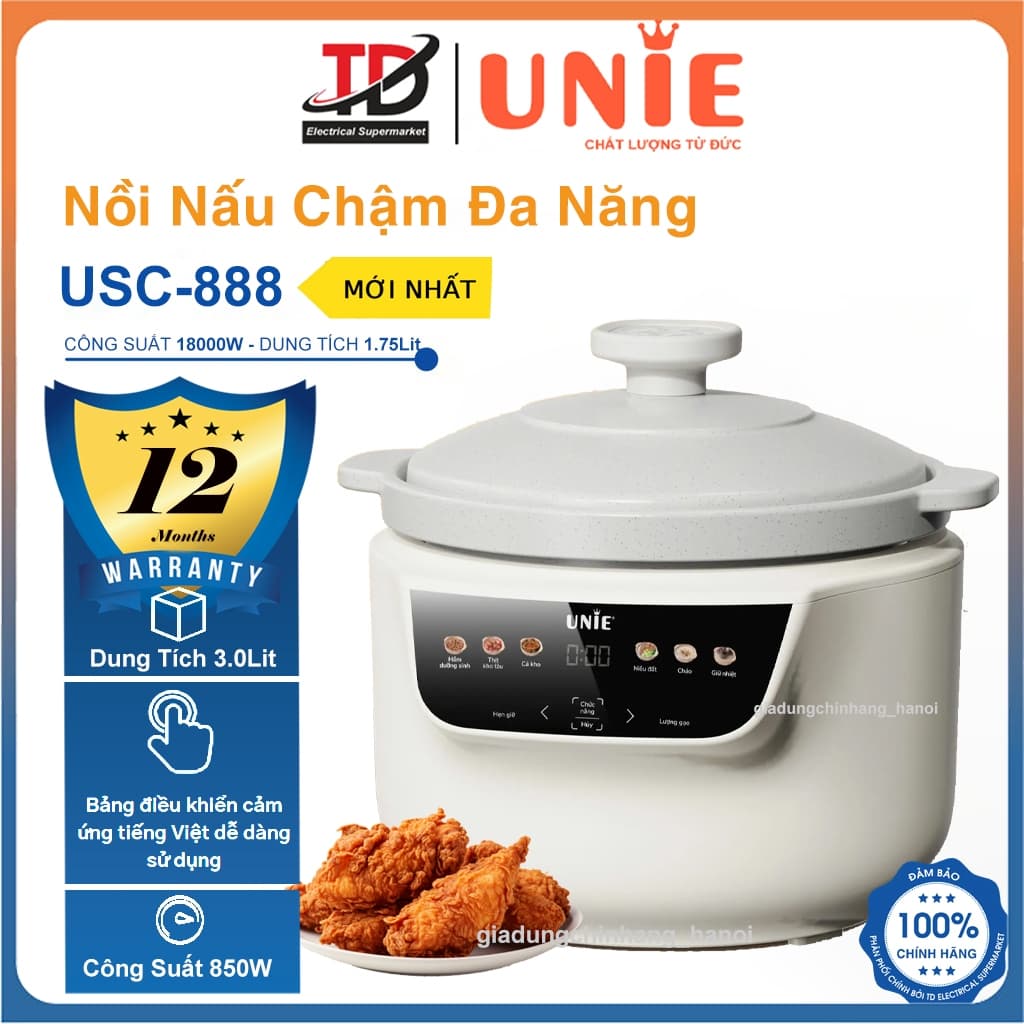 Nồi Nấu Chậm Đa Năng UNIE USC888, Lòng Nồi Sứ 3.0Lit - Công Suất 850w, Hàng Chính Hãng