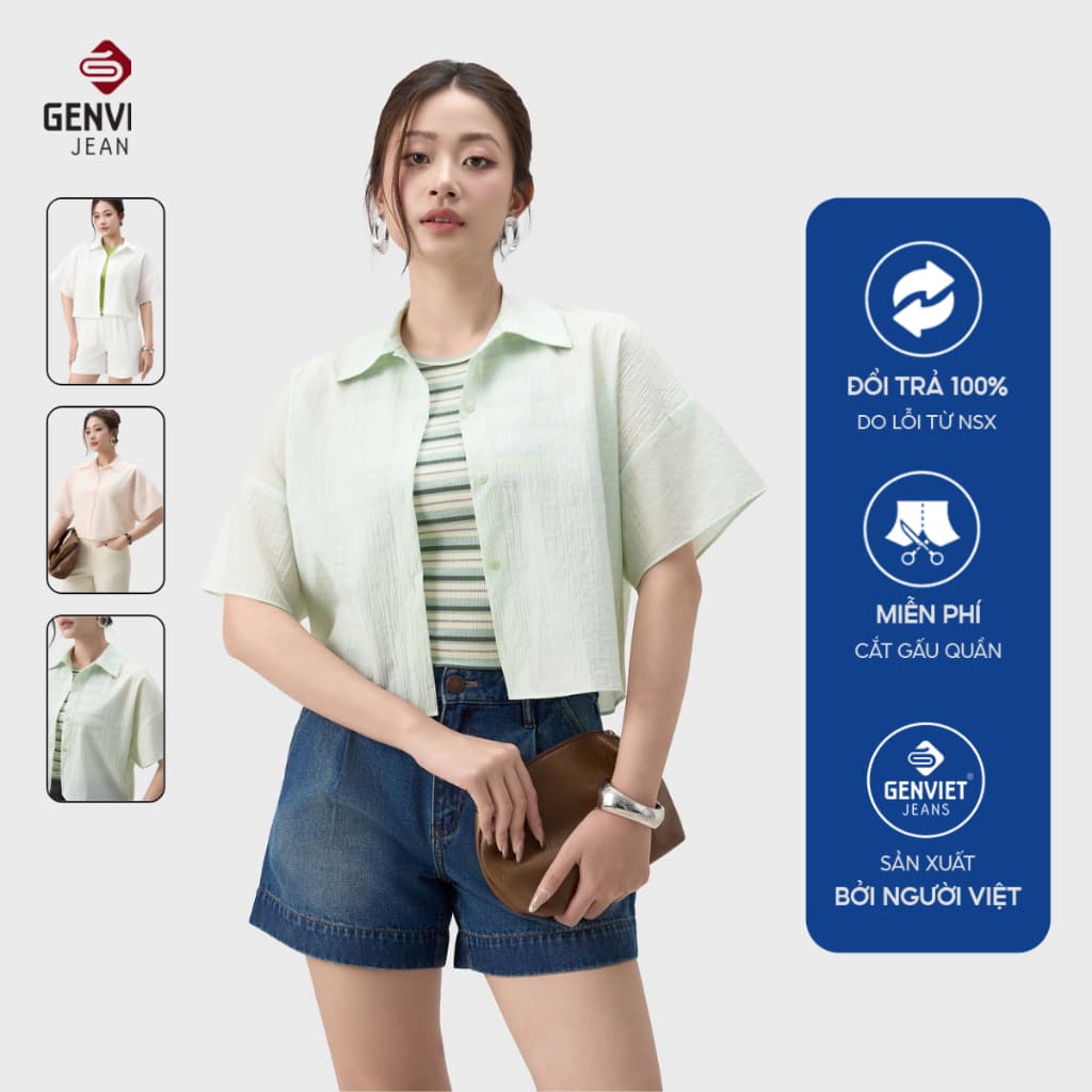 Áo sơ mi croptop nữ cộc tay GENVIET JEANS chất liệu thô xốp năng động basic dễ phối đồ 9222
