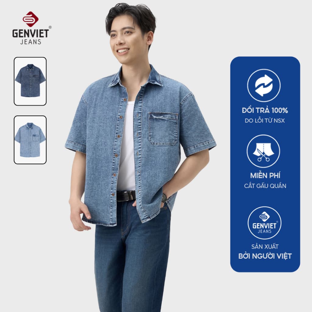 Deal Tốt- Áo sơ mi jean cộc tay nam GENVIET JEANS dáng suông chất denim cao cấp hiệu ứng Swash basic dễ phối đồ 9088
