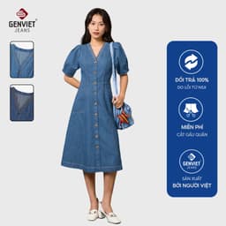 Váy denim nữ dáng xòe cổ V GENVIET JEANS thắt eo tôn dáng trẻ trung cotton USA cao cấp che bụng 9085 1