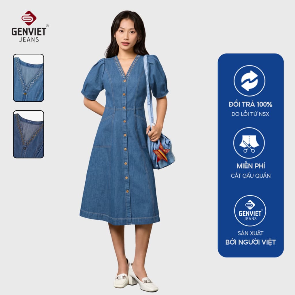 Váy denim nữ dáng xòe cổ V GENVIET JEANS thắt eo tôn dáng trẻ trung cotton USA cao cấp che bụng 9085