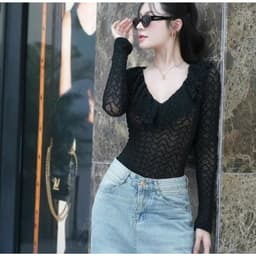 Áo Thun Nữ Bigsize Tay Dài Ren Lưới 2 Lớp Cổ Bèo Ôm Body Co Giãn Mềm Mịn Xinh Xắn LIMO MS353 3