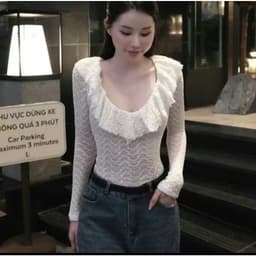 Áo Thun Nữ Bigsize Tay Dài Ren Lưới 2 Lớp Cổ Bèo Ôm Body Co Giãn Mềm Mịn Xinh Xắn LIMO MS353 2