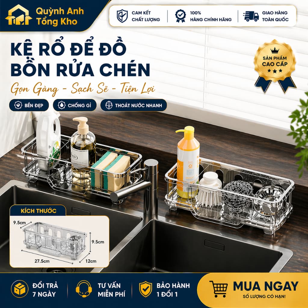Kệ Để bồn rửa chén nhà bếp, Giá Đỡ bồn bát nhựa PET có khay thoát nước, Kệ để đồ rửa chén Tiện Dụng