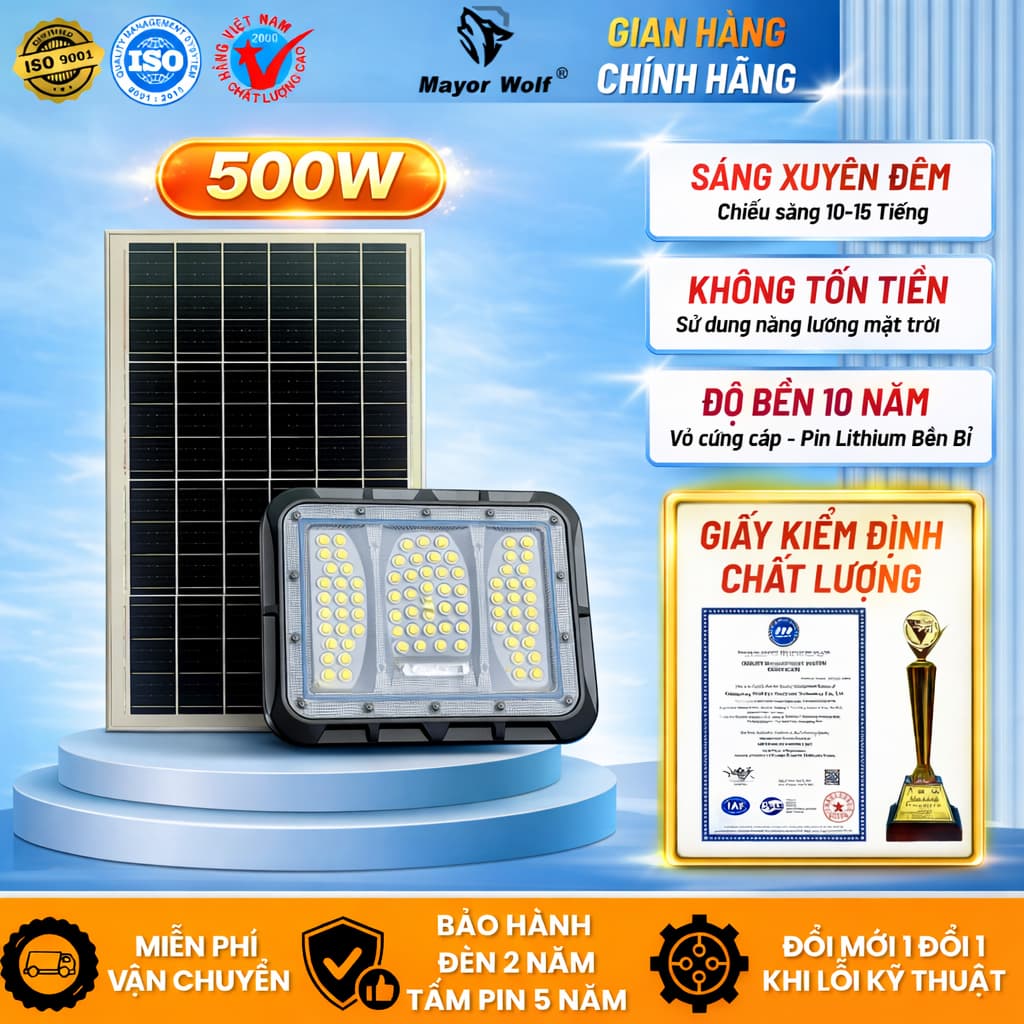 Đèn Pha Năng Lượng Mặt Trời 500W Mayor Wolf Mắt Ngọc Sân Vườn Cổng Nhà Bãi Xe Nhà Xưởng Chống Nước Điều Khiển Từ Xa