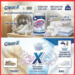 Bột Tẩy Trắng Đa Năng CLEAR X 500G – Tẩy Trắng Mốc, Ố Vàng Quần Áo Trắng Và Màu Siêu Sạch, Hiệu Quả 2