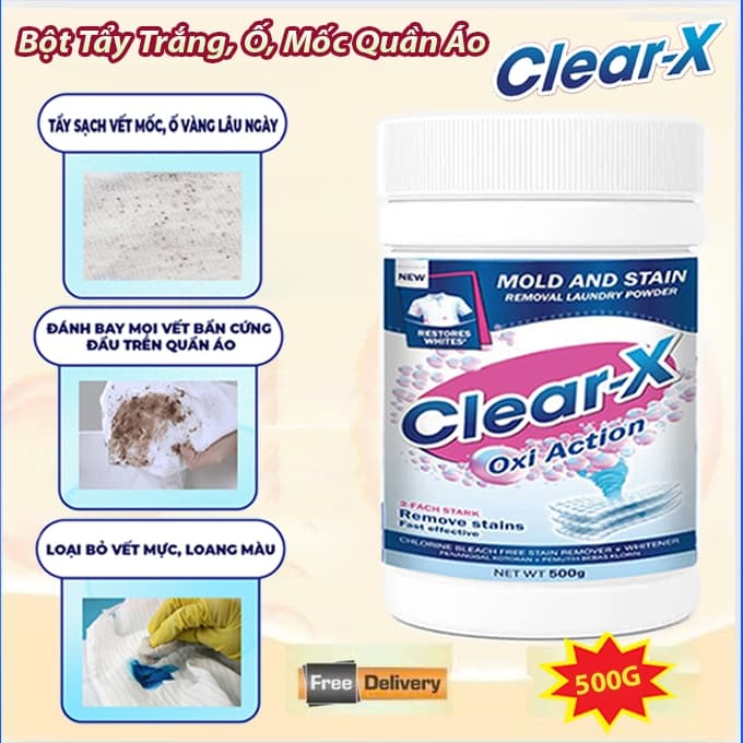 Bột Tẩy Trắng Đa Năng CLEAR X 500G – Tẩy Trắng Mốc, Ố Vàng Quần Áo Trắng Và Màu Siêu Sạch, Hiệu Quả
