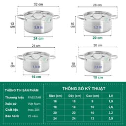 Bộ Nồi Inox 304 Fivestar Plus Nắp Inox  6