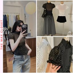 𝑨𝒏𝒏 𝑺𝒕𝒖𝒅𝒊𝒐  𝐖𝐆𝐖𝐄/ Áo Voan Chấm Bi Nữ Mỏng WG.WE 8825 Cổ Trụ Tay Bồng Ngắn Nhún Eo Khóa Sườn 1