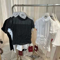𝑨𝒏𝒏 𝑺𝒕𝒖𝒅𝒊𝒐  𝐖𝐆𝐖𝐄/ Áo Voan Chấm Bi Nữ Mỏng WG.WE 8825 Cổ Trụ Tay Bồng Ngắn Nhún Eo Khóa Sườn 6