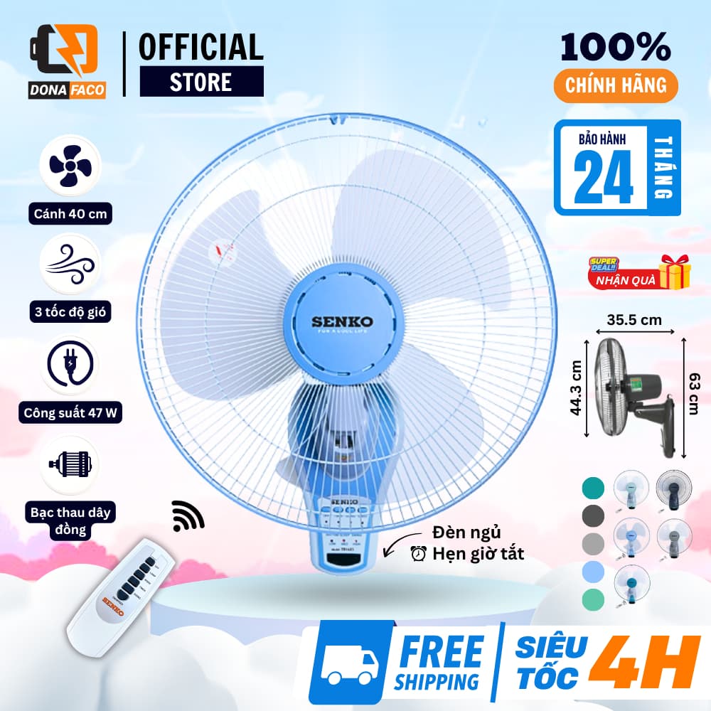 Quạt treo tường điều khiển từ xa Senko TR1683 có remote, hẹn giờ tắt chính hãng bảo hành 24 tháng