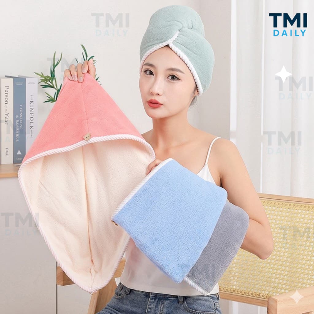 Khăn Lau Tóc, Mũ Quấn Tóc, Khăn Ủ Tóc Hai Lớp Màu Viền Trắng Thấm Hút Nhanh Khô Mềm Mại TMI Daily