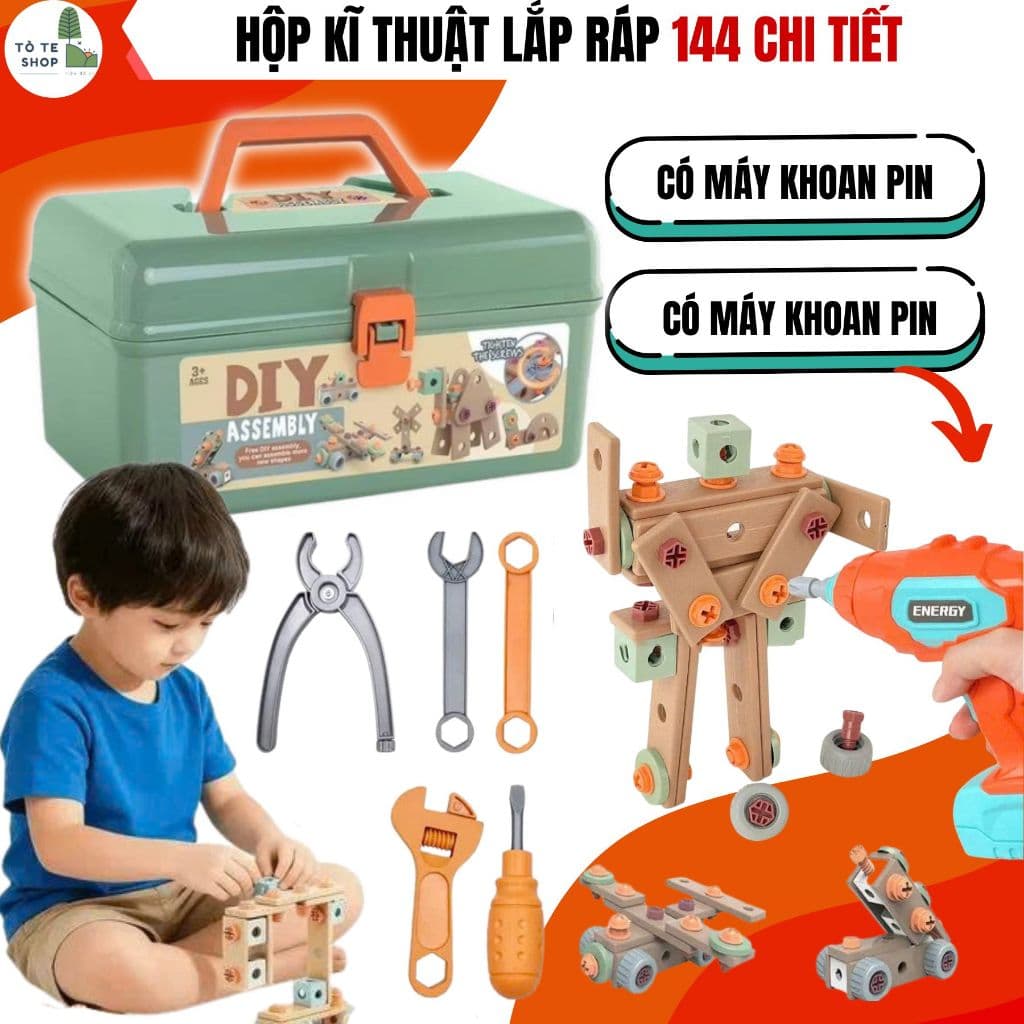 Hộp Kỹ Thuật 144 Chi Tiết Cho Bé – Bộ Đồ Chơi Lắp Ráp DIY Có Máy Khoan Pin, Phát Triển Tư Duy Sáng Tạo Cho Trẻ 3+