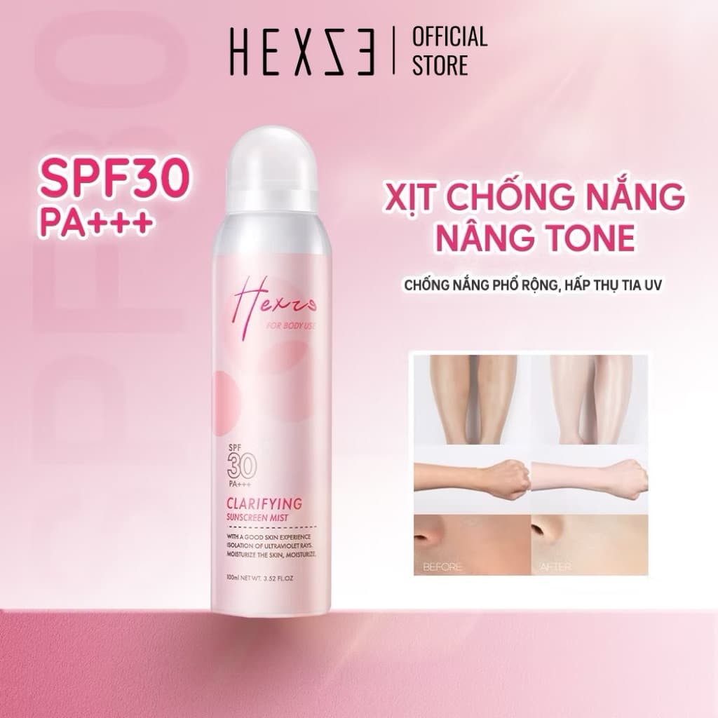 Xịt chống nắng nâng tone HEXZE 100ml, SPF30 PA+++ hấp thụ tia cực tím, dưỡng trắng, nâng tone da