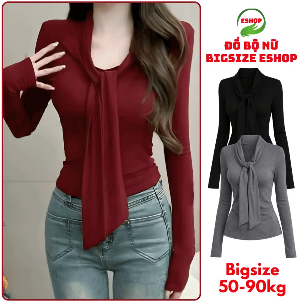 Áo Thun Nữ Thiết Kế Dây Thắt Chất Thun Gân Tăm ESHOP Áo Kiểu Tay Dài Bigsize Ôm Body Tôn Dáng MS555