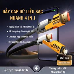 Dây sạc nhanh 4 Đầu Sạc nhanh 65W Cổng C-L, C-C, USB-C, USB-L Đa năng 4 trong 1 (Bảo hành 6 tháng) [Cáp 4in1] 5