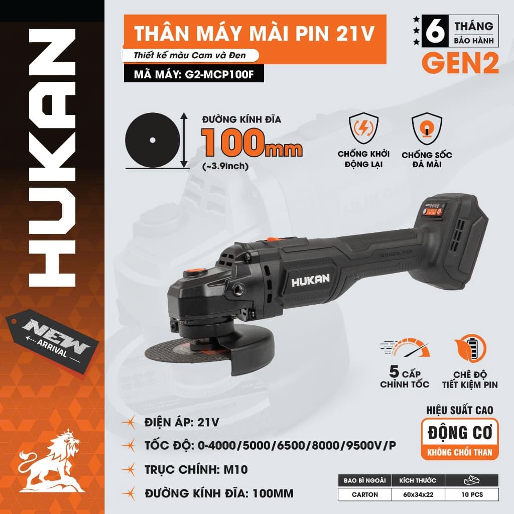 Máy Cắt Mài Pin HUKAN G2-MCP100F, 5 Cấp Tốc Độ, Chống Sốc Đá - Không Chổi Than - Chân Pin Phổ Thông
