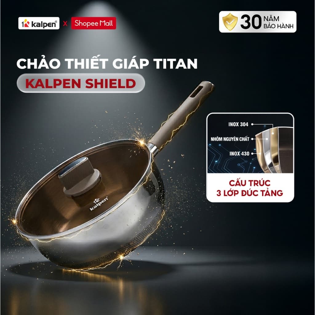 Chảo Inox 304 Kalpen Shield TS Thiết Giáp Nguyên Khối Chống Dính Nano Titanium Có Nắp Kính 20-28cm