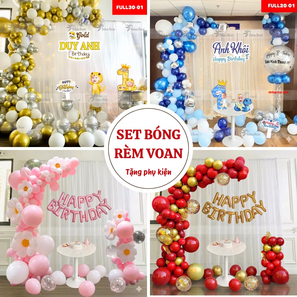 Set Bóng Trang Trí Sinh Nhật Kèm Rèm Voan Trọn Bộ Đầy Đủ Phụ Kiện Decor Tại Nhà Sang Trọng