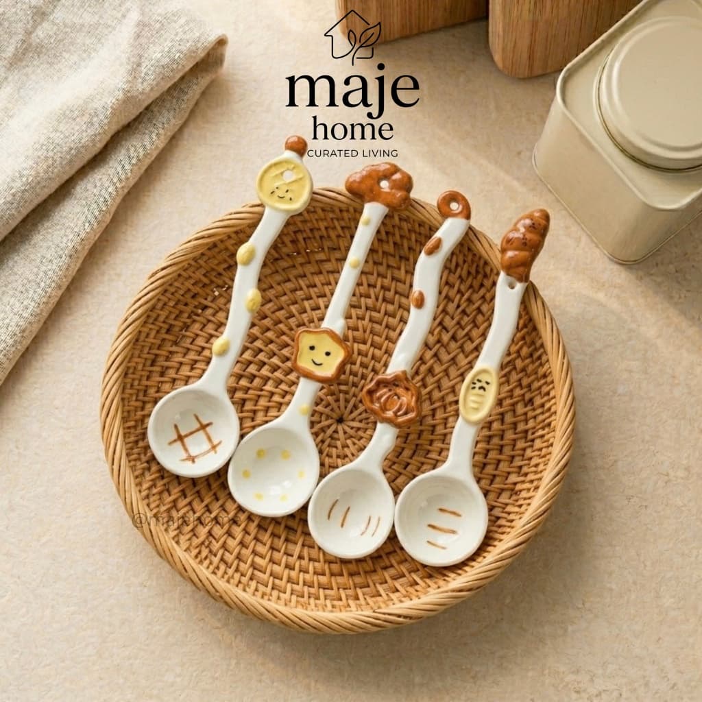 Thìa gốm sứ hình bánh mì dễ thương cao cấp. Muỗng ăn tráng men an toàn, decor bếp xinh xắn - Majehome