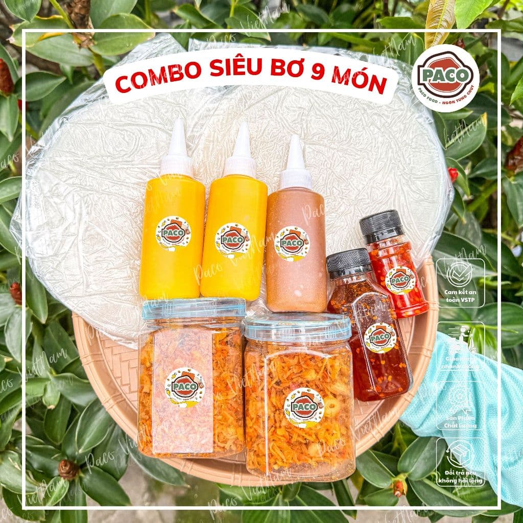 [LIVE-9 MÓN] Combo Ngon Bánh Tráng Phơi Sương Paco Food 2 Sấp bánh tráng 2 Hủ Ruốc Hành Phi 2 Chai Bơ Phô Mai 1 Muối Béo