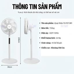 Quạt Cây Đứng 7 Cánh PIP389, Quạt Điện Tử Thông Minh 8 Chế Độ Gió Điều Khiển Từ Xa, Hẹn Giờ 24H 2