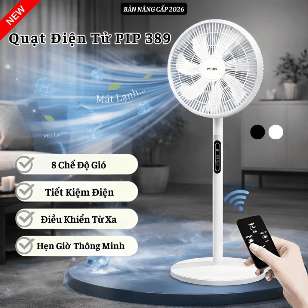 Quạt Cây Đứng 7 Cánh PIP389, Quạt Điện Tử Thông Minh 8 Chế Độ Gió Điều Khiển Từ Xa, Hẹn Giờ 24H
