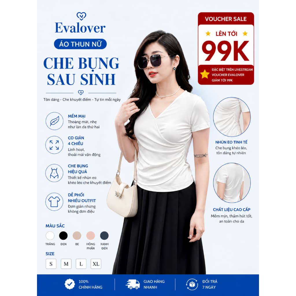 Áo thun nữ che bụng sau sinh cổ tim dáng ôm nhẹ nhún eo Evalover
