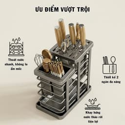 (SẴN) Giá Đựng Dao Thép Carbon Chống Gỉ ECO, Kệ Cài Dao Đũa Nhà Bếp Đa Năng Có Khay Hứng Nước 4