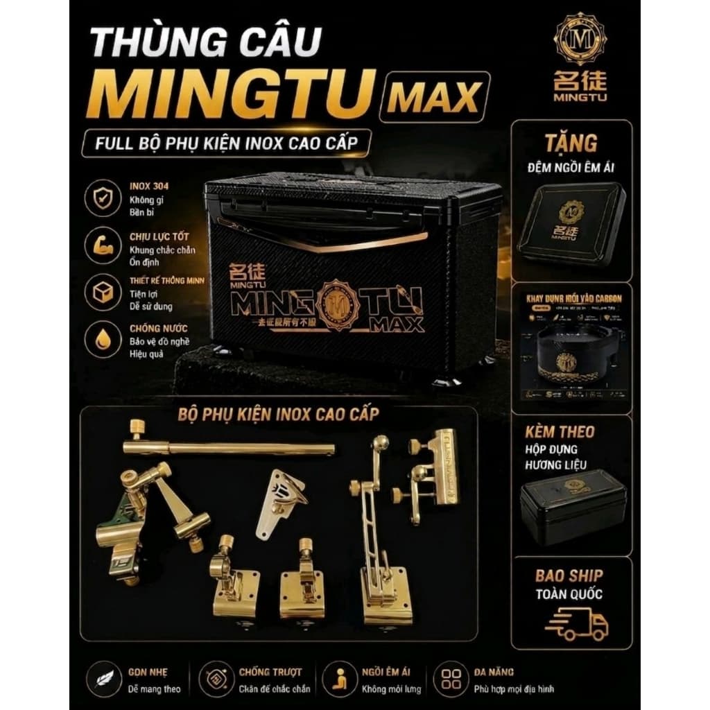 Thùng Câu Đài MingTU MAX 32L – Combo 5 Pát Inox, Full Phụ Kiện, Thùng Câu Cá Đa Năng