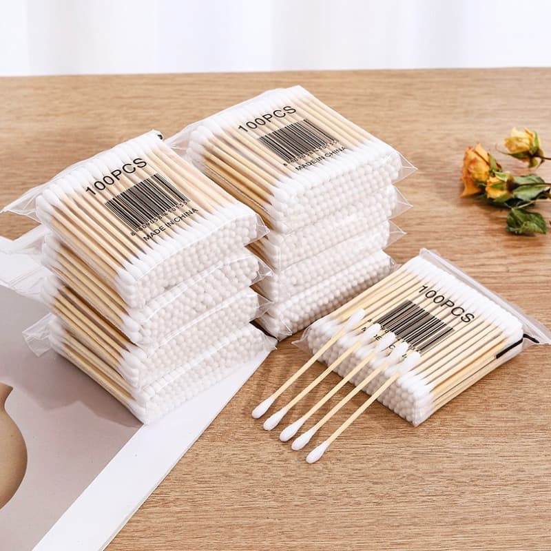 Combo 5 Gói Bông Tăm Ngoáy Tai Thân Gỗ Gói • 100, [SL Thực 90 - 95] Tăm Bông 2 Đầu, Que Gỗ Thân Thiện Tiện Lợi