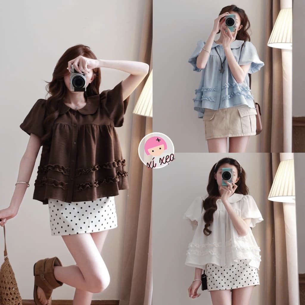 Áo babydoll cổ sen KENCO phối bèo xinh tay phồng - M9966