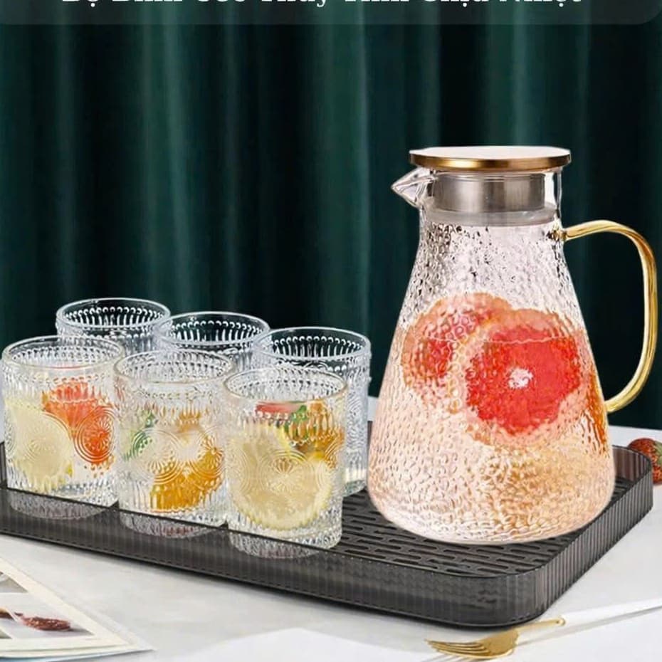 Bình Nước Thủy Tinh Chịu Nhiệt Bình Thủy Tinh Đựng Nước Để Bàn Bộ Cốc Thủy Tinh Dung Tích 1,8l Hàng Nhập Khẩu