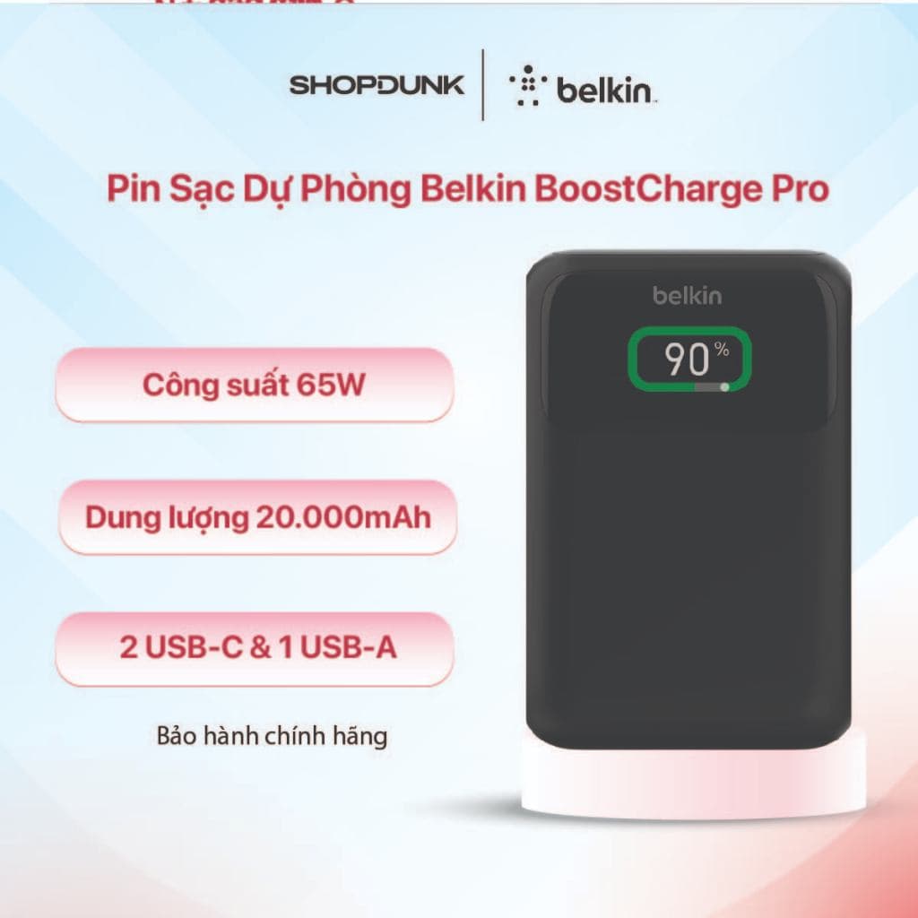 Pin Sạc Dự Phòng Belkin BoostCharge Pro 20.000mAh 65W PD 3 Cổng – Sạc Nhanh – Màu Đen