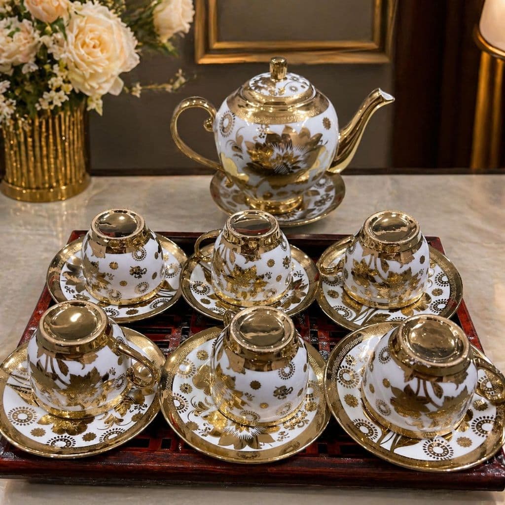 Bộ Ấm Tách Trà Hoàng Gia Cao Cấp Bộ 1 Bình Trà 6 Ly Kèm Đĩa Phong Cách Bắc Âu  M53