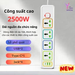 Ổ cắm điện đa năng cao cấp 2500W, 2 cổng USB, chống giật an toàn  4.8  1,8 1