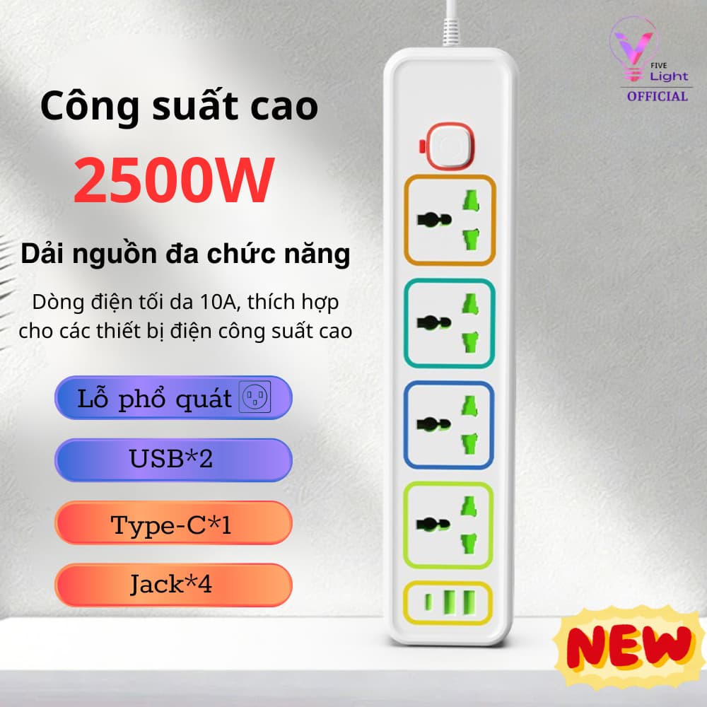 Ổ cắm điện đa năng cao cấp 2500W, 2 cổng USB, chống giật an toàn  4.8  1,8
