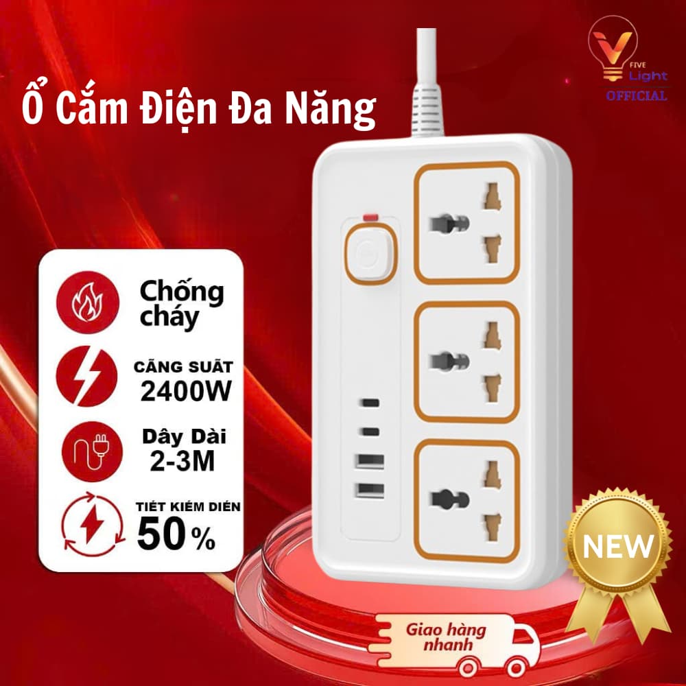 Ổ cắm điện đa năng thông minh 2500W, cổng USB, Type-C dây dài chống giật an toàn