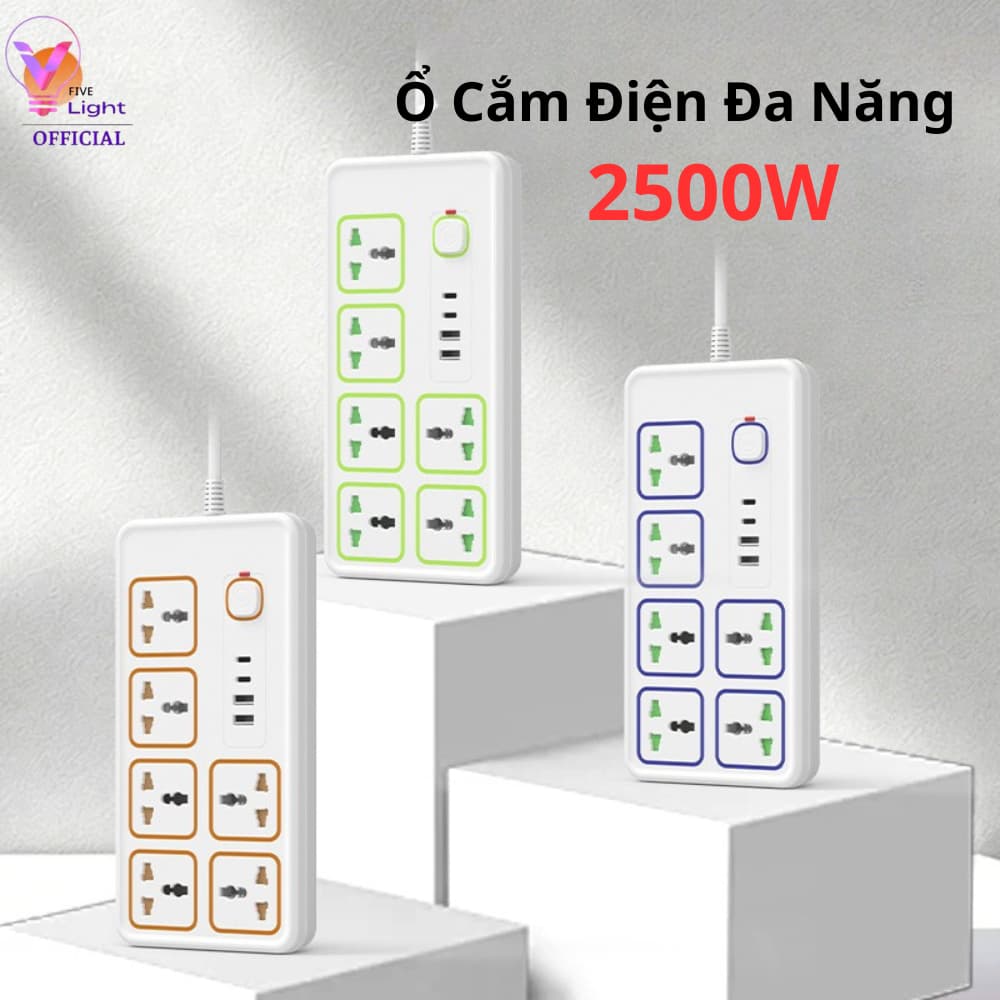 Ổ cắm điện đa năng thông minh cao cấp 2500W, tích hợp cổng USB, Type-C chống giật an toàn