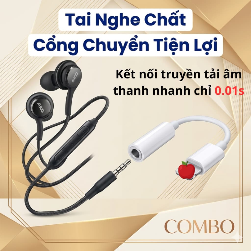 Combo Tai Nghe s10 AKG Jack 3.5mm Và Cổng Chuyển Ip Chuyên Dụng Chơi Game, Mic Thoại Mượt Mà, Âm Cực Hay