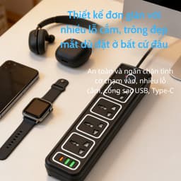 Ổ Cắm Điện USB Đa Năng Cao Cấp Chống Giật Dây Dài 4m Công suất 2500W, 2 Cổng Cắm USB Có Chốt An Toàn 5
