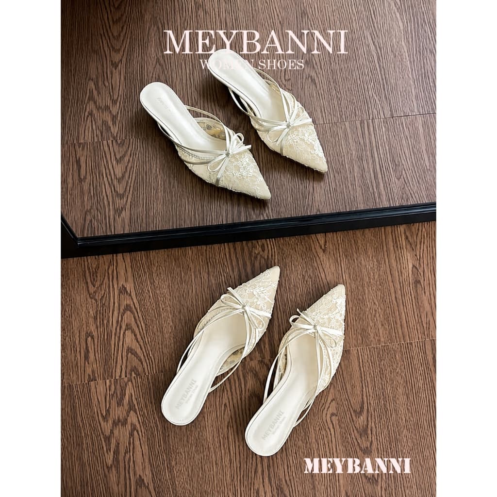 Giày Sục Mũi Nhọn MEYBANNI Phối Nơ Lưới Ren Siêu Xinh - A105
