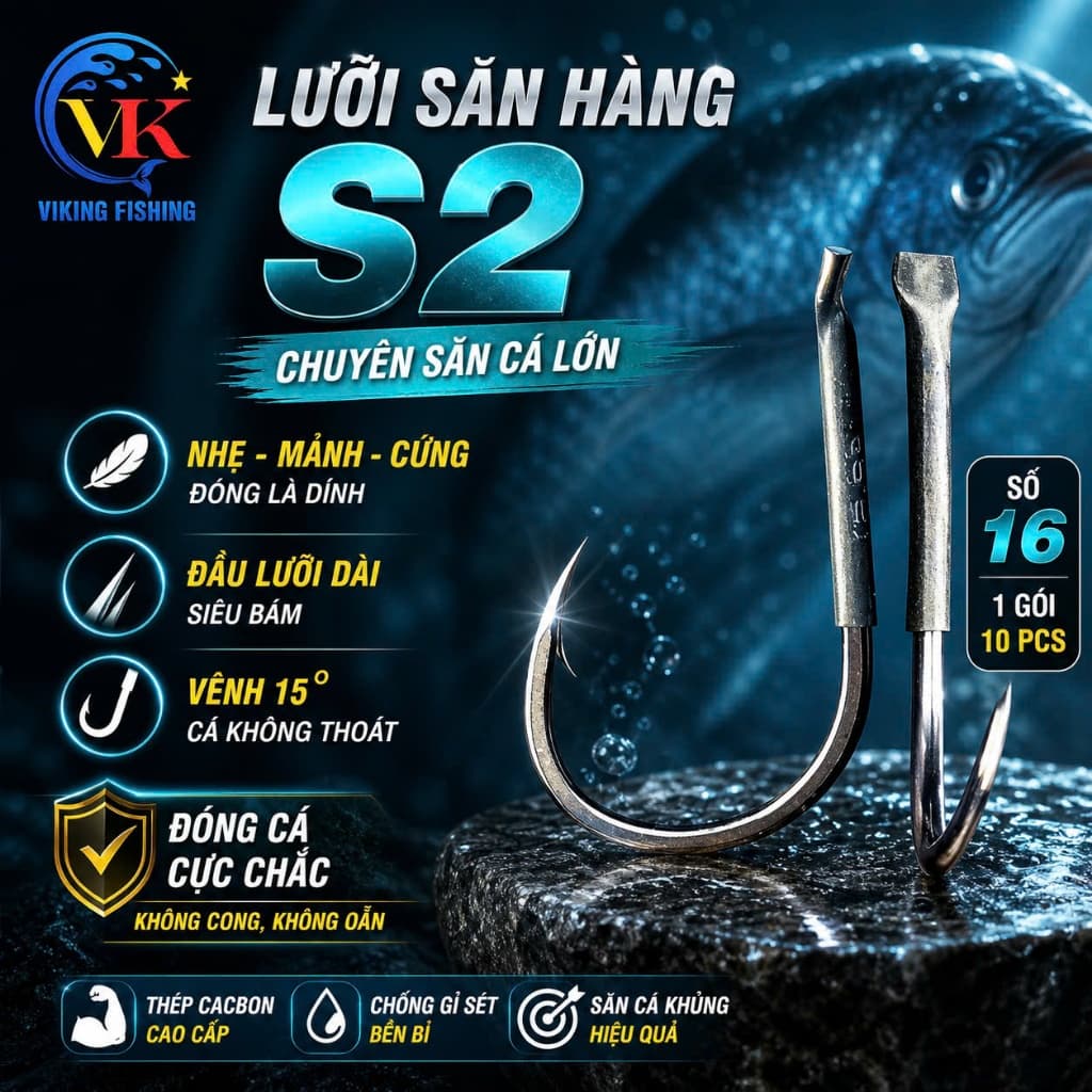 "Lưỡi Săn Hàng ViKing S2 cho Trắm Đen - Mảnh, Nhẹ, Bền, Bén (Vỉ 10C + Cao Su Ôm Lưỡi Tặng Kèm)"