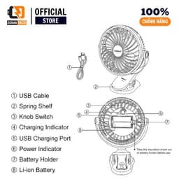 Quạt Sạc Mini WEIDASI WD-225 2400mAh pin rời, Quạt Kẹp Bàn, Kẹp Nôi, Xe Đẩy, Xoay 360°, Sạc USB Tiện Lợi 6