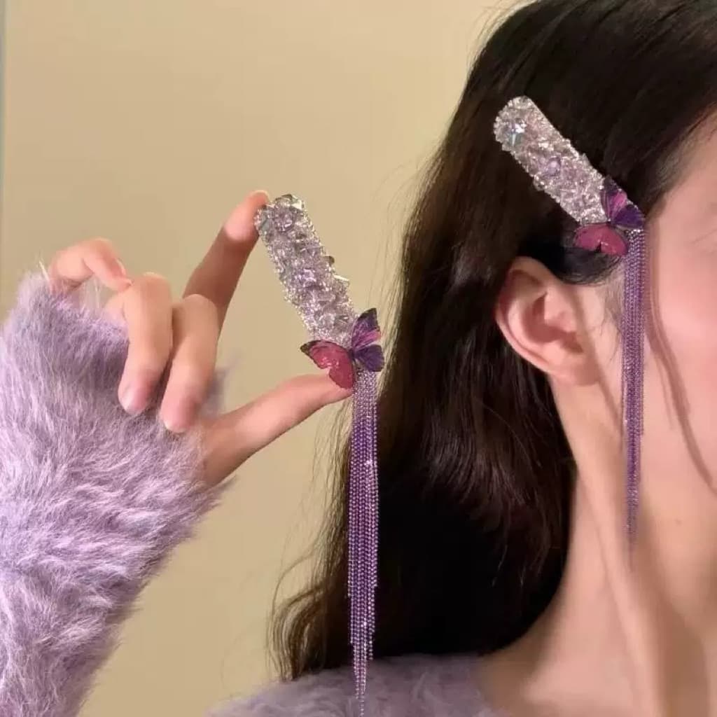 Kẹp Tóc Đính Đá Sang Trọng Hình Bướm Tua Rua Dài - Kẹp Tóc Nữ Cao Cấp Phong Cách Tiểu Thư Lấp Lánh